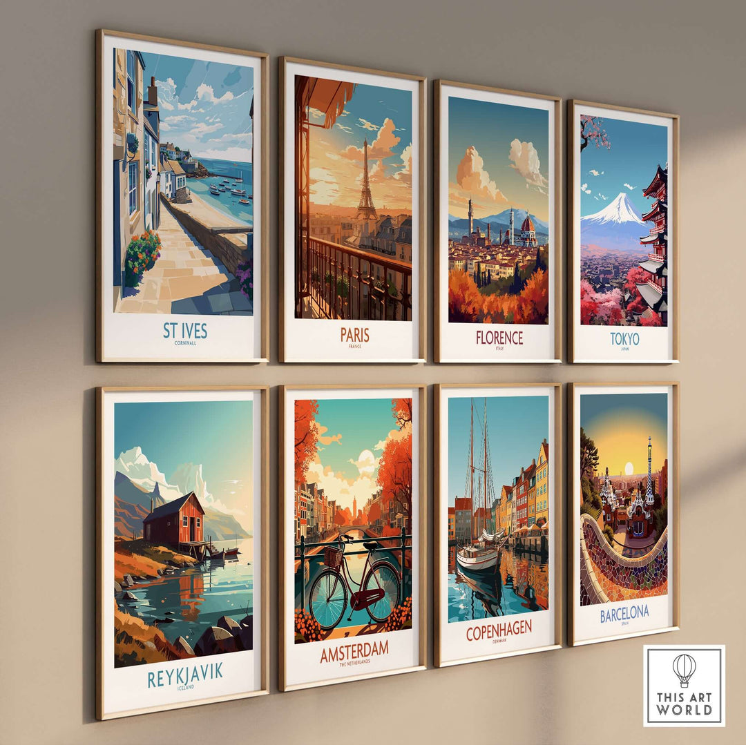 Framed wall art showcasing iconic travel destinations including St Ives, Paris, Florence, Tokyo, Reykjavik, and Barcelona.