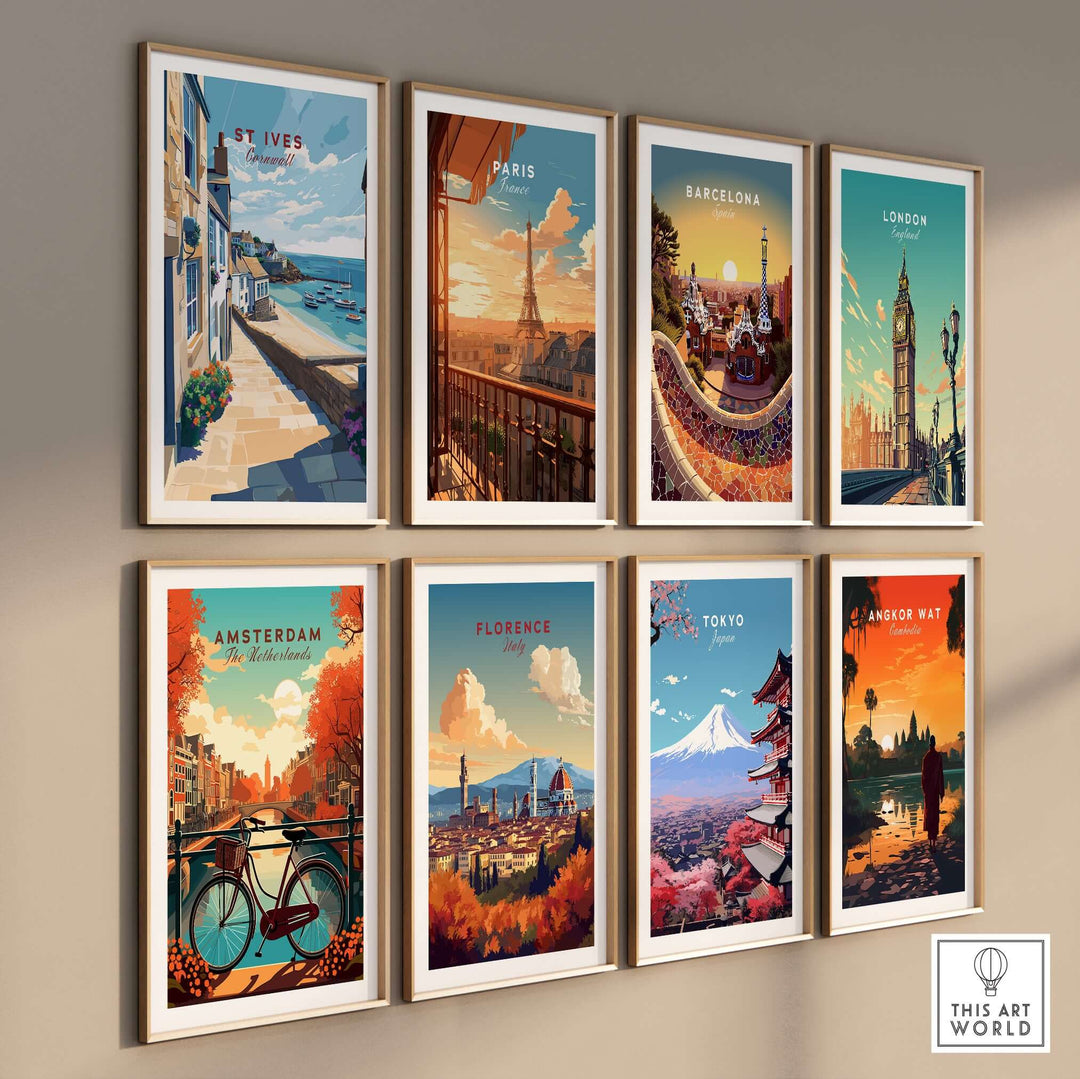 Gallery of colorful travel posters featuring St Ives, Paris, Barcelona, London, Amsterdam, Florence, Tokyo, Angkor Wat.