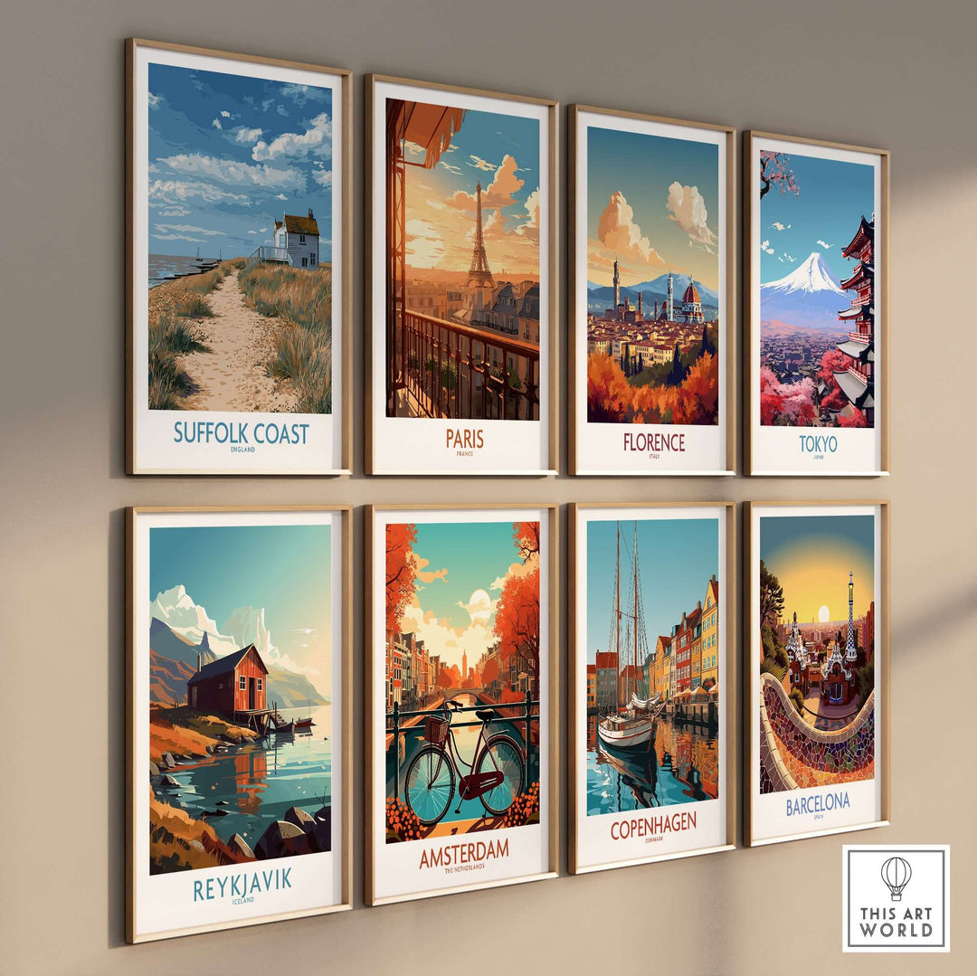 Collection of travel posters featuring destinations like Suffolk Coast, Paris, Florence, Tokyo, and more.