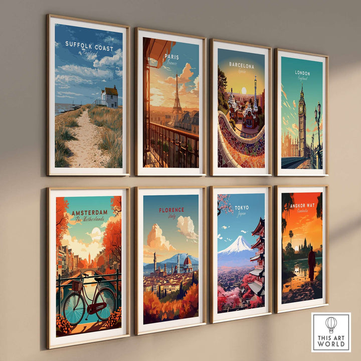 Collection of vibrant travel art prints including Suffolk Coast, Paris, Barcelona, and more.