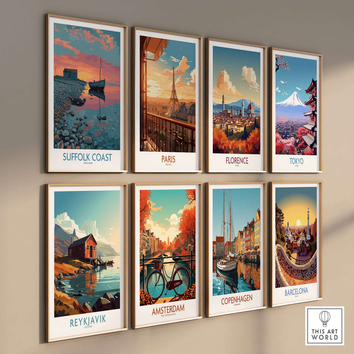Collection of travel posters showcasing cityscapes including Suffolk Coast, Paris, Florence, Tokyo, Reykjavik, Amsterdam, Copenhagen, and Barcelona.