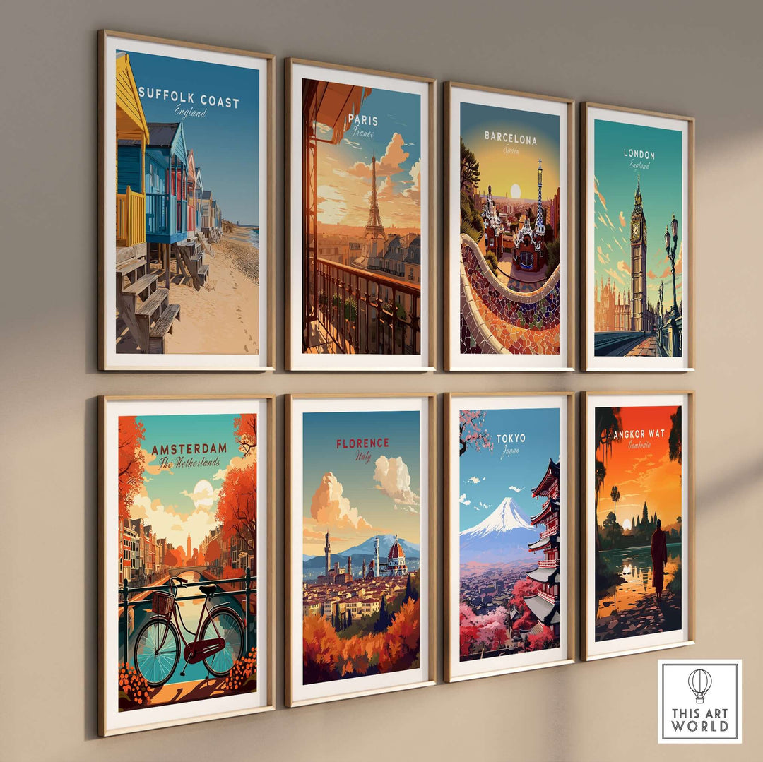 Vibrant collection of travel-inspired wall art posters, featuring landmarks from Suffolk Coast, Paris, Barcelona, and more.