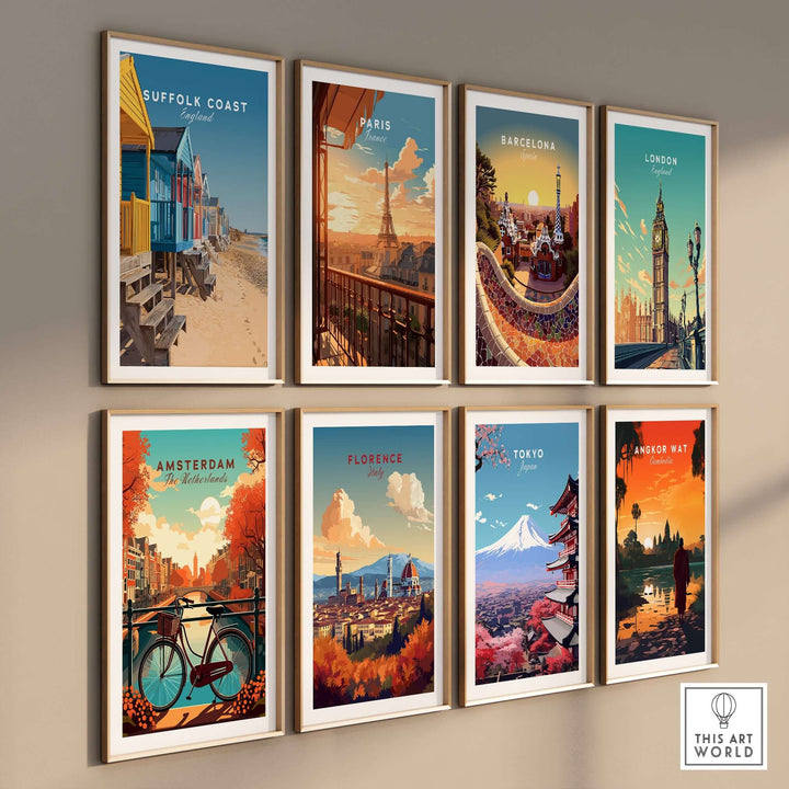 Vibrant collection of travel-inspired wall art posters, featuring landmarks from Suffolk Coast, Paris, Barcelona, and more.