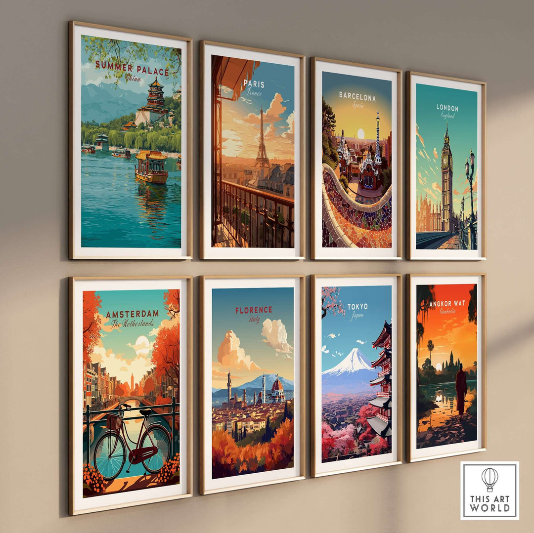 Collection of vintage city art prints including Summer Palace, Paris, Barcelona, London, and more.