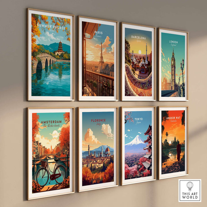 Art prints of iconic landmarks including Summer Palace, Eiffel Tower, and Tokyo's pagoda, showcasing global destinations.