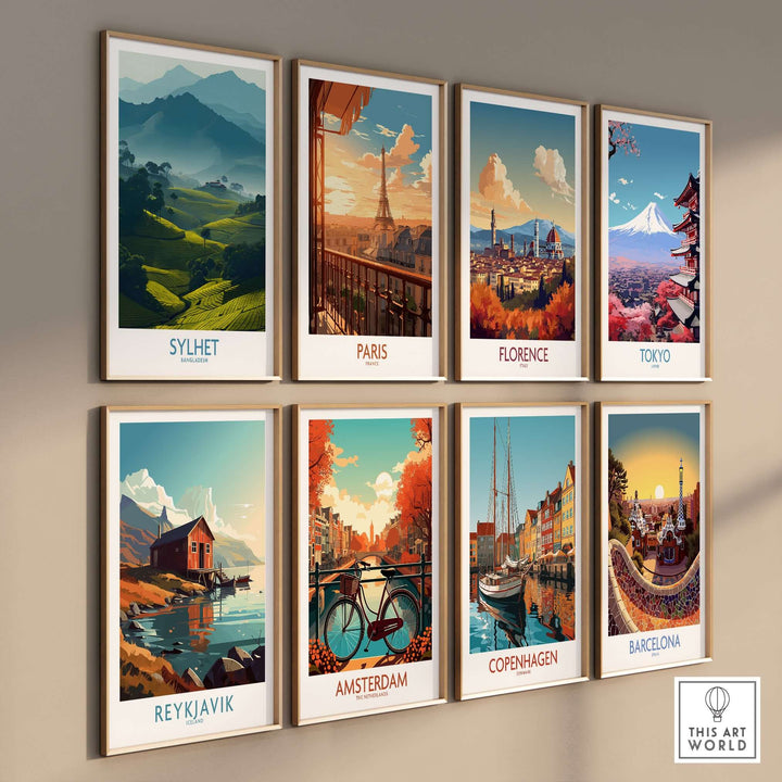 Gallery wall featuring vibrant travel posters: Sylhet, Paris, Florence, Tokyo, Reykjavik, Amsterdam, Copenhagen, Barcelona.