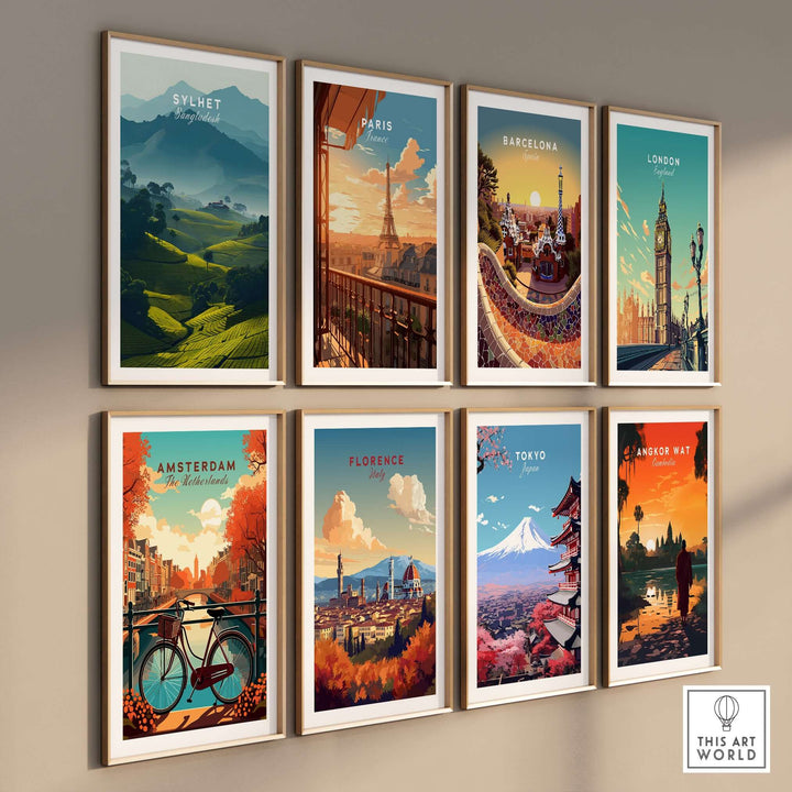 Gallery wall featuring travel posters of Sylhet, Paris, Barcelona, London, Amsterdam, Florence, Tokyo, and Angkor Wat.