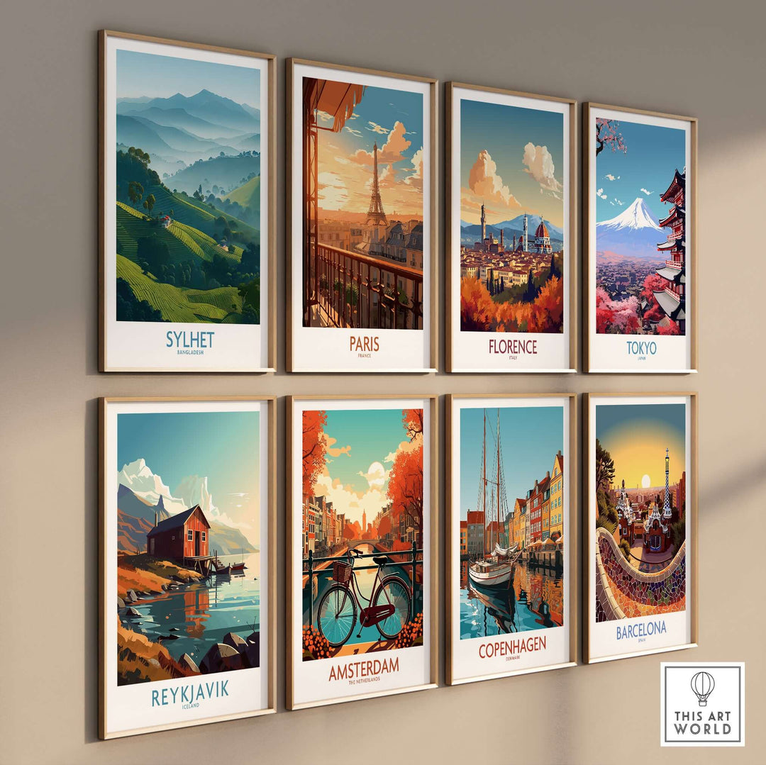 Collection of travel wall art featuring Sylhet, Paris, Florence, Tokyo, Reykjavik, Amsterdam, Copenhagen, and Barcelona.