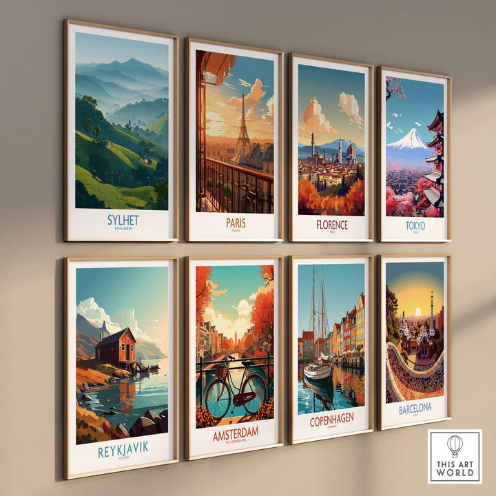 Collection of travel wall art featuring Sylhet, Paris, Florence, Tokyo, Reykjavik, Amsterdam, Copenhagen, and Barcelona.