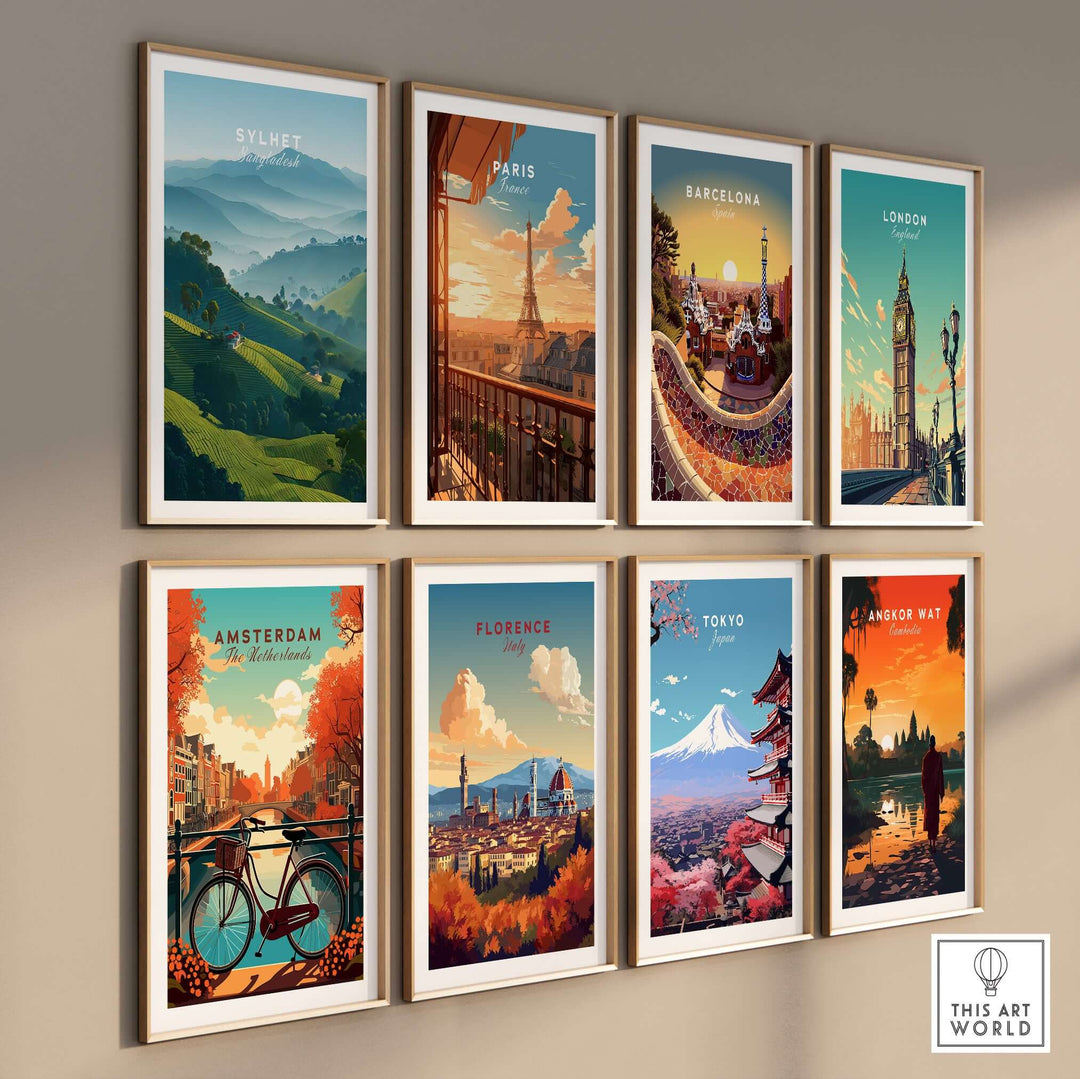 Gallery of travel posters featuring landscapes from Sylhet, Paris, Barcelona, London, Amsterdam, Florence, Tokyo, and Angkor Wat.