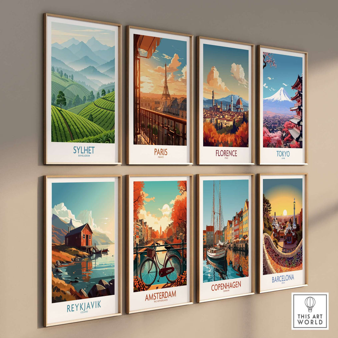 Gallery of scenic wall art prints featuring destinations like Sylhet, Paris, Florence, Tokyo, and more.
