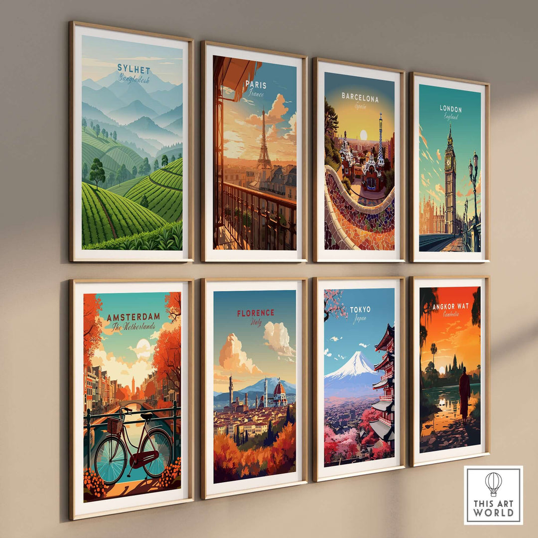 Gallery of world city posters including Sylhet, Paris, Barcelona, and Tokyo, showcasing vibrant landscapes and landmarks.