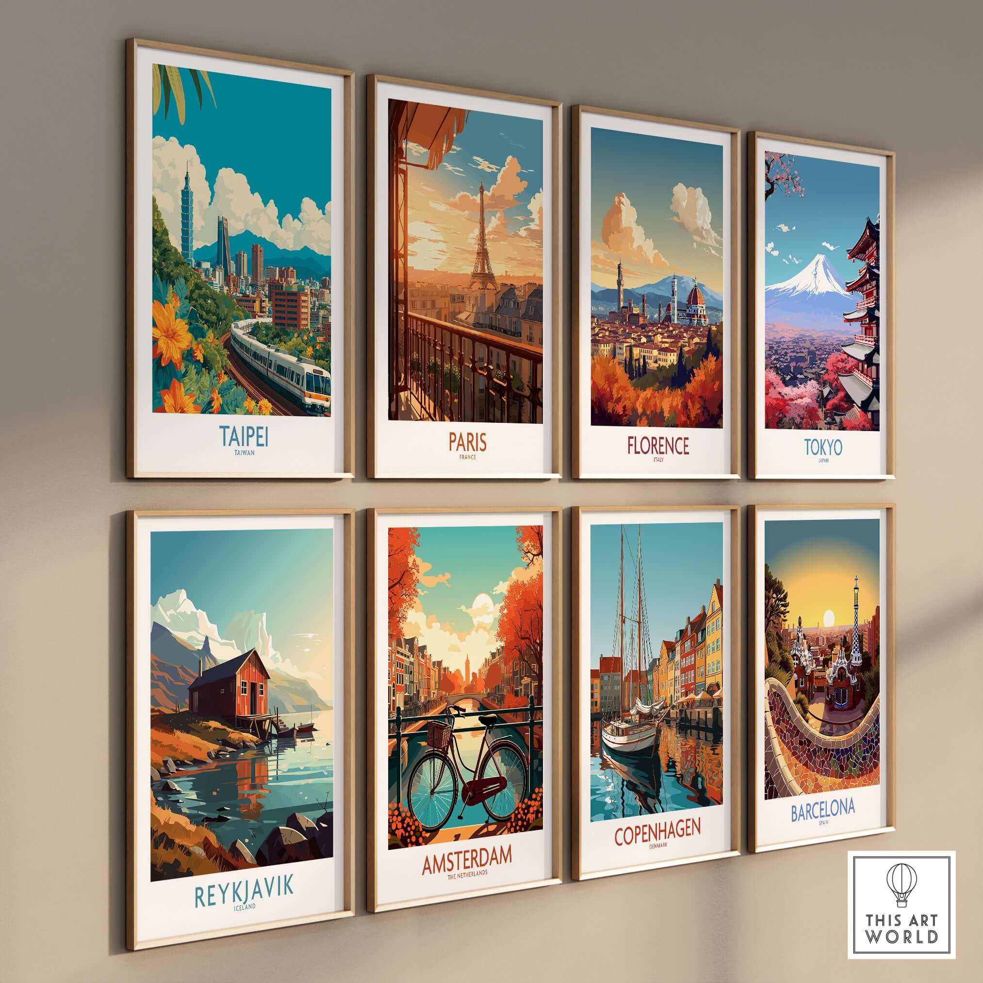 Taipei Taiwan Taipei 101 Poster - Modern City Travel Print displayed among vibrant cityscape art prints on a wall.