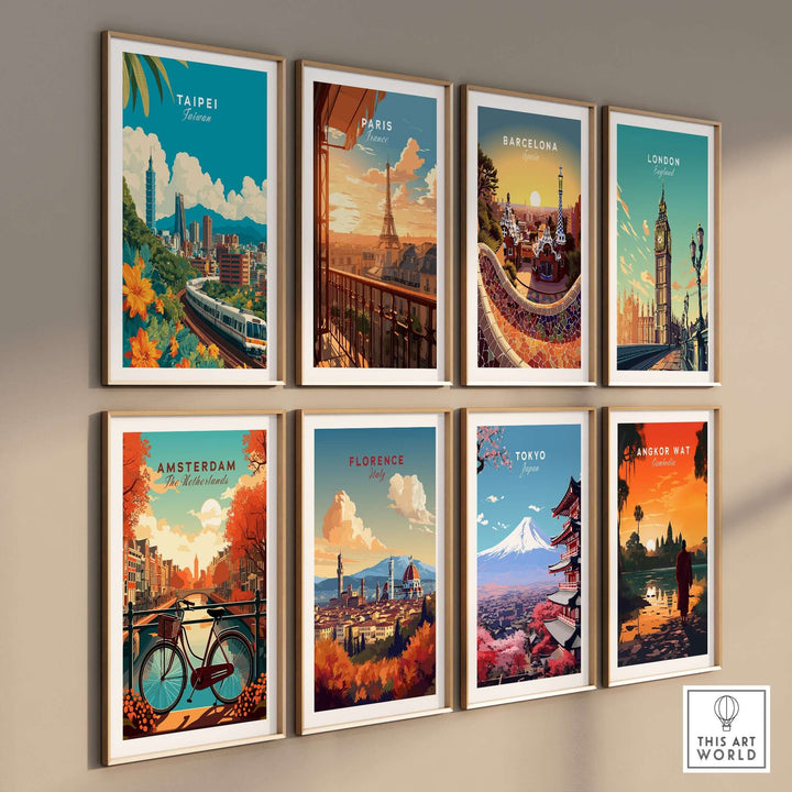 Collection of framed city skyline posters including Taipei, Paris, Barcelona, and Tokyo, showcasing urban landscapes.