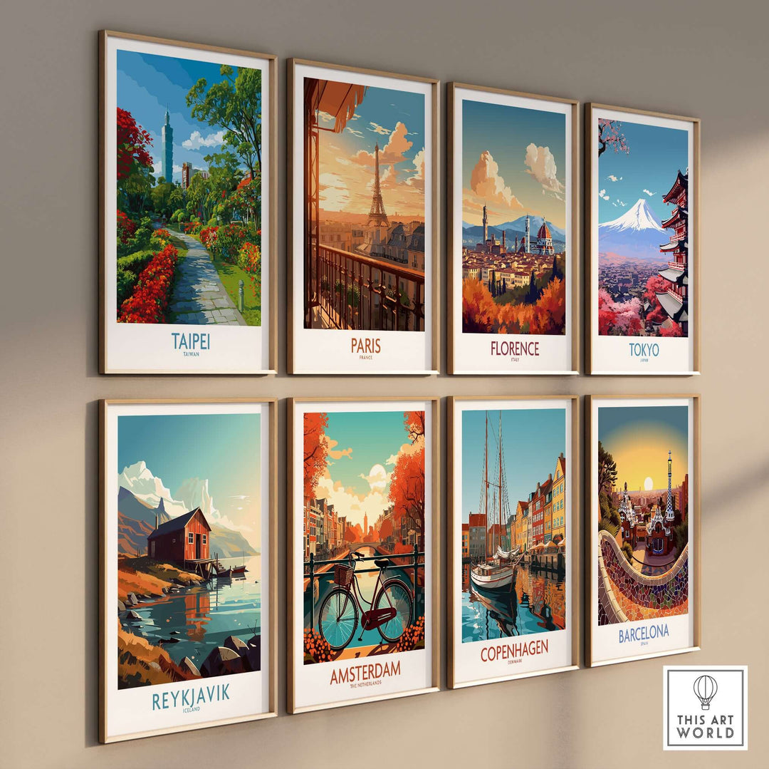 Collection of vibrant cityscape prints featuring Taipei, Paris, and more in stylish frames.