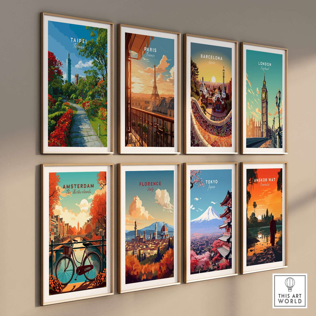 Gallery of vibrant city posters including Taipei, Paris, Barcelona, and more, showcasing iconic landmarks and landscapes.
