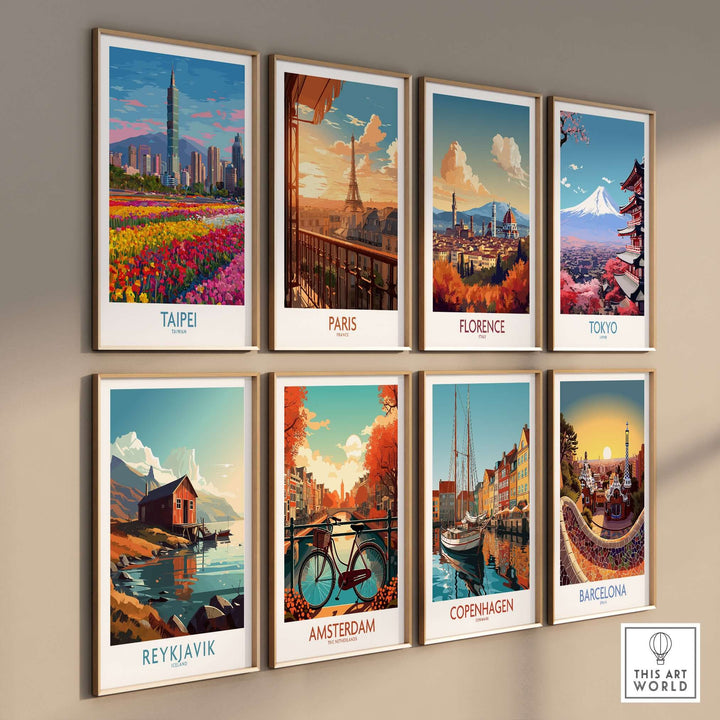 Gallery wall of vibrant city posters including Taipei, Paris, Florence, Tokyo, Reykjavik, Amsterdam, Copenhagen, and Barcelona.