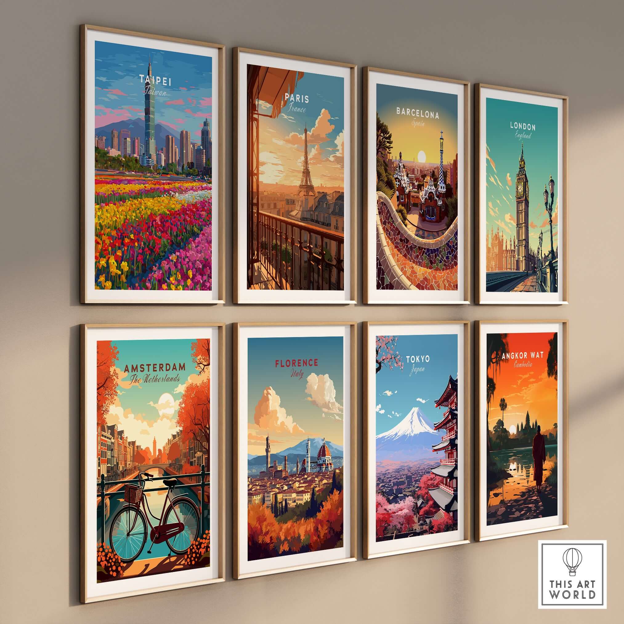 Taipei Taiwan Cityscape Print - Taipei 101 Skyline Wall Art showcased in a gallery wall with vibrant cityscape prints.