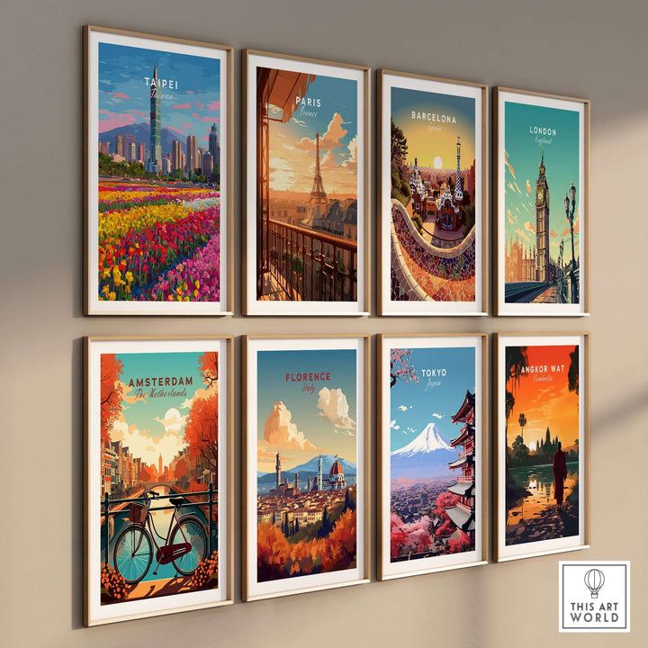 Gallery of colorful cityscape prints including Taipei, Paris, Barcelona, London, Amsterdam, Florence, Tokyo, and Angkor Wat.