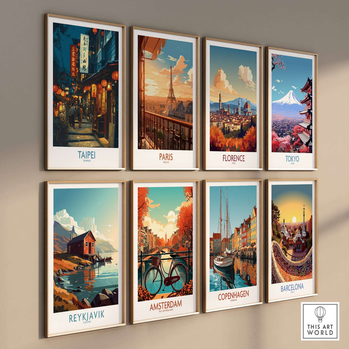 Collection of vibrant city posters featuring Taipei, Paris, Florence, Tokyo, Reykjavik, Amsterdam, Copenhagen, and Barcelona.