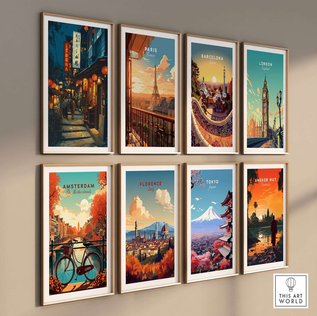 Gallery of vibrant city prints featuring Taipei, Paris, Barcelona, London, Amsterdam, Florence, Tokyo, and Angkor Wat.