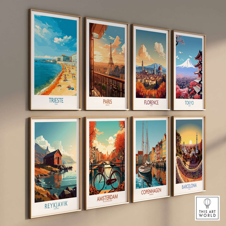 Colorful travel posters featuring cities like Trieste, Paris, Florence, and Tokyo on a stylish wall display.