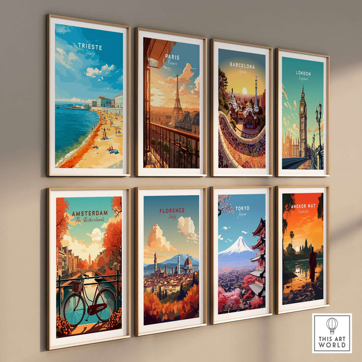 Gallery of vibrant travel prints featuring Trieste, Paris, Barcelona, London, Amsterdam, Florence, Tokyo, and Angkor Wat.