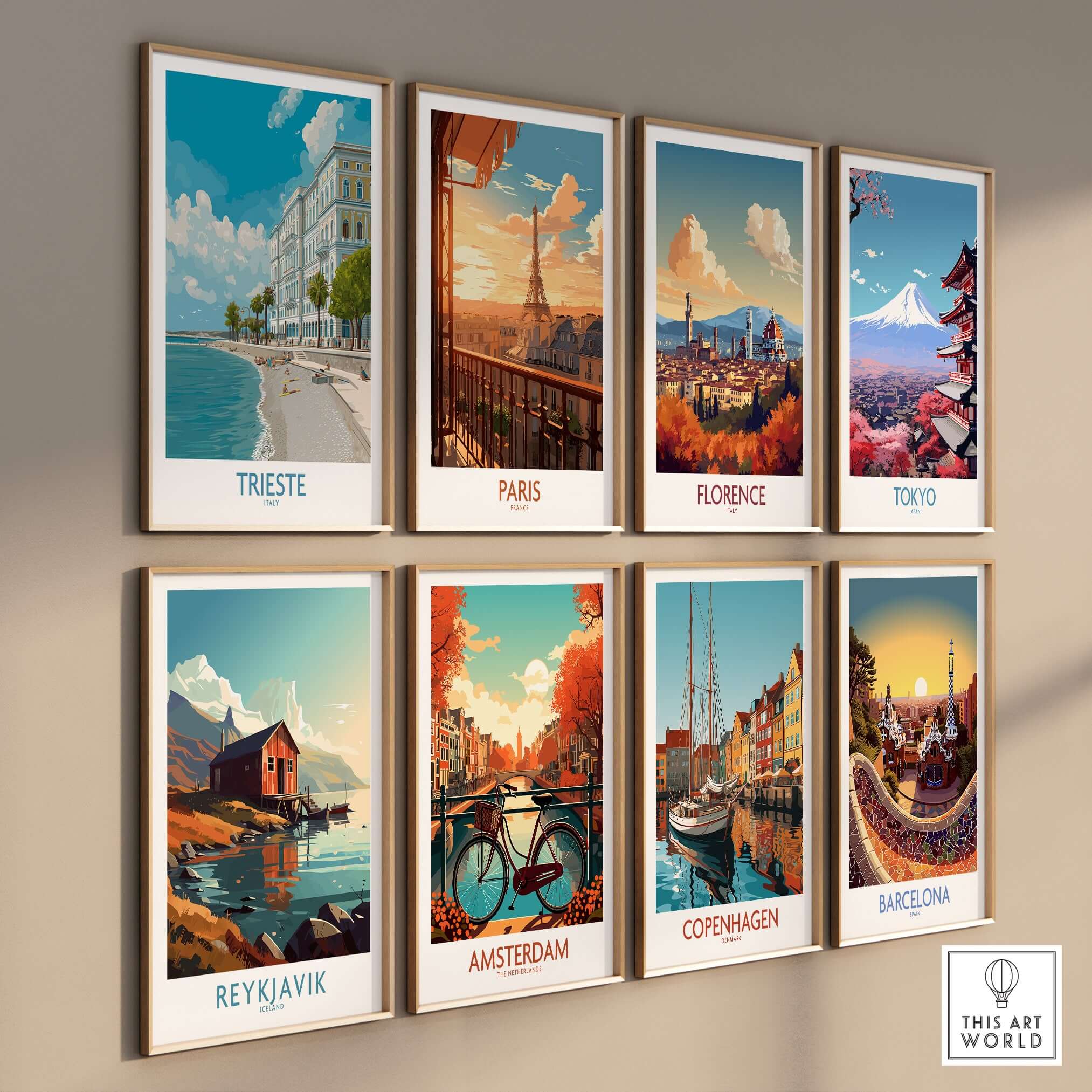 Trieste Print Italy Seafront Poster collection featuring city landscapes and vibrant colors.