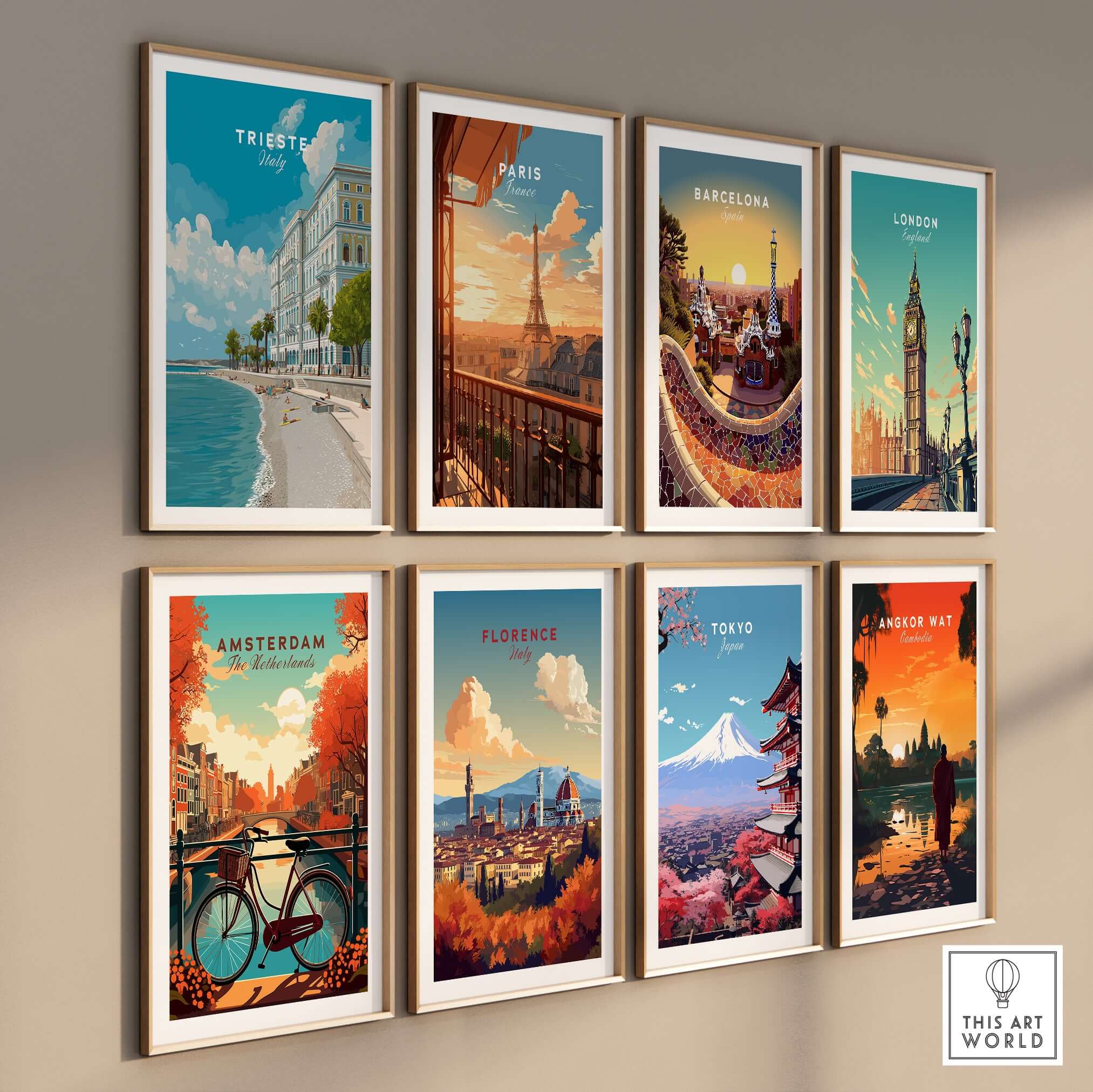 Trieste Italy Poster - Beach Scene Wall Art displayed among other cityscape posters on a gallery wall.