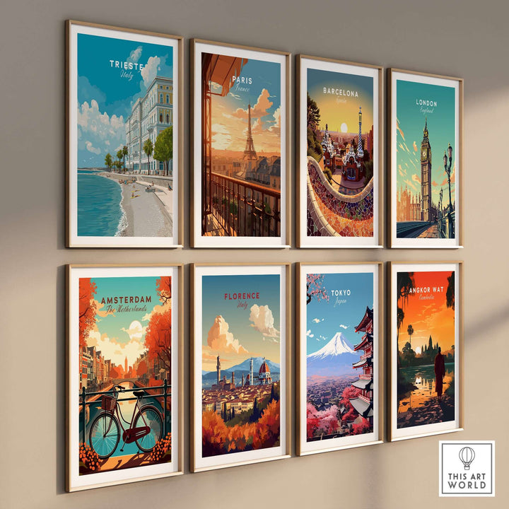 Gallery of European and Asian city posters, featuring Trieste beach, Paris, Barcelona, London, Amsterdam, Florence, Tokyo, and Angkor Wat.