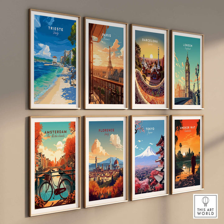 Collection of travel-themed wall art prints featuring Trieste, Paris, Barcelona, London, Amsterdam, Florence, Tokyo, and Angkor Wat.