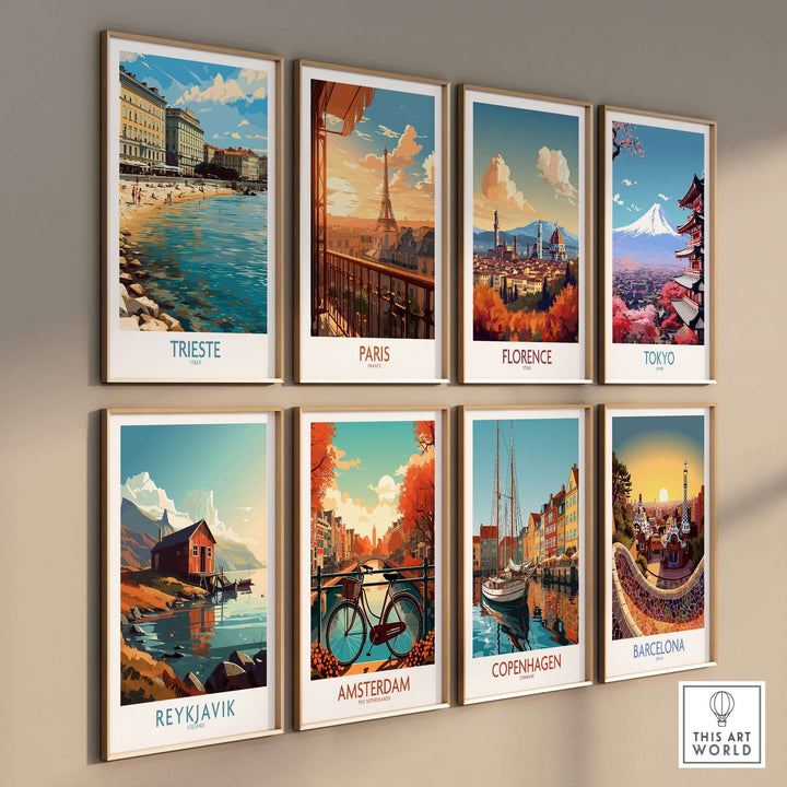 Trieste Italy wall art displayed among travel posters of Paris, Florence, Tokyo, Reykjavik, Amsterdam, Copenhagen, and Barcelona.