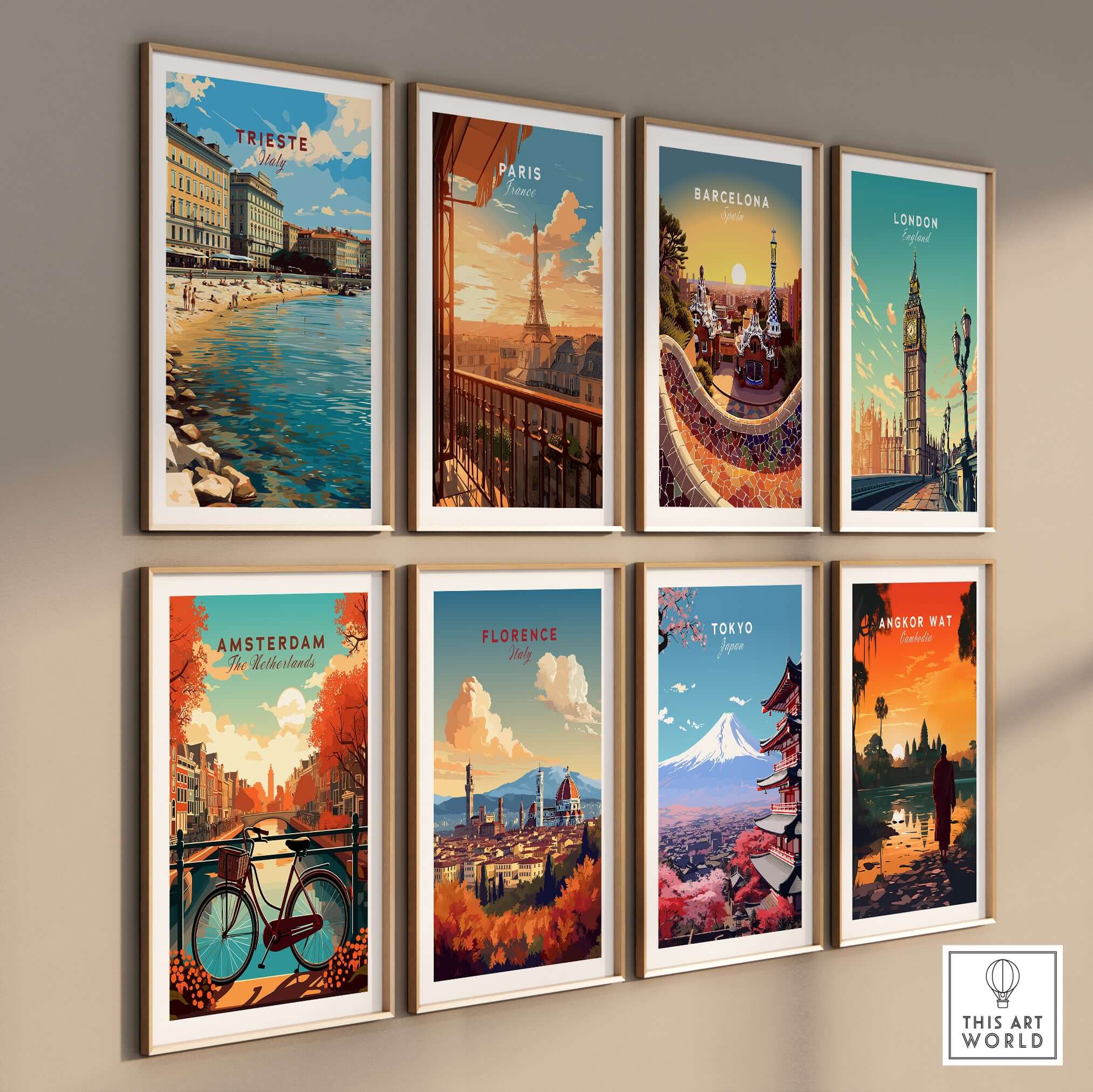 Trieste Poster Italy Travel Print among iconic city travel prints on display wall.