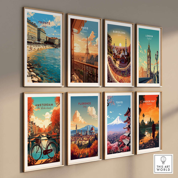 Gallery wall of travel posters featuring Trieste, Paris, Barcelona, London, Amsterdam, Florence, Tokyo, and Angkor Wat.