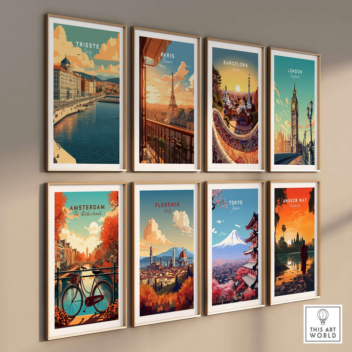 Gallery of framed city prints featuring Trieste, Paris, Barcelona, London, Amsterdam, Florence, Tokyo, and Angkor Wat.