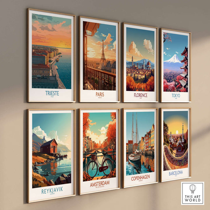 Collection of vibrant city wall art prints featuring Trieste, Paris, Florence, Tokyo, Reykjavik, Amsterdam, Copenhagen, and Barcelona.