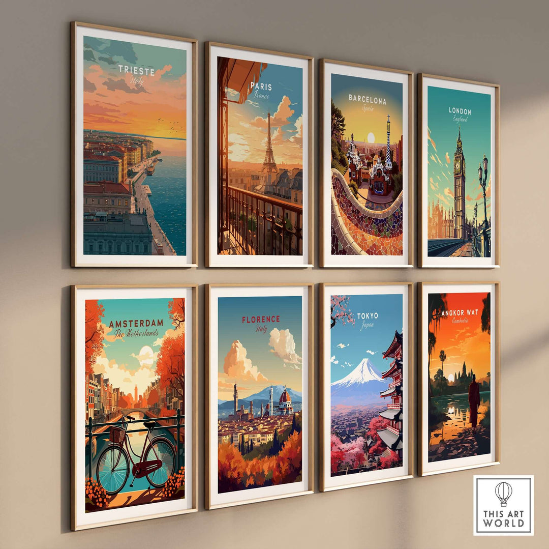 Collection of framed skyline posters featuring Trieste, Paris, Barcelona, London, Amsterdam, Florence, Tokyo, and Angkor Wat.