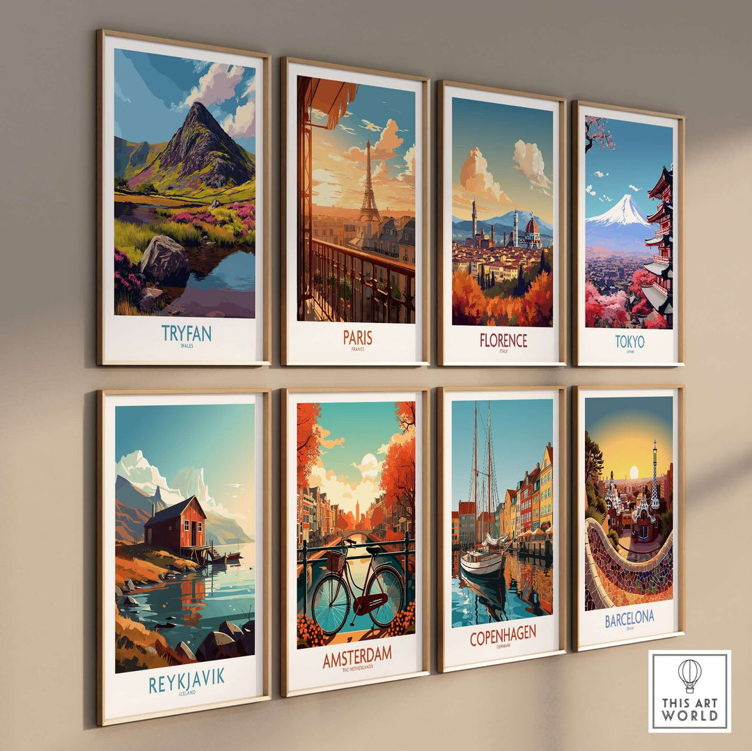 Colorful travel posters featuring Tryfan, Paris, Florence, Tokyo, Reykjavik, Amsterdam, Copenhagen, and Barcelona.