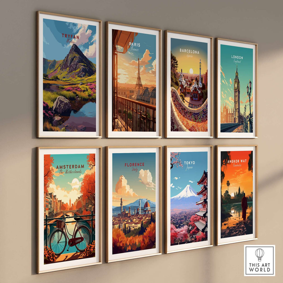 Gallery wall art featuring mountain and city landscapes from Tryfan, Paris, Barcelona, London, Amsterdam, Florence, Tokyo, and Angkor Wat.