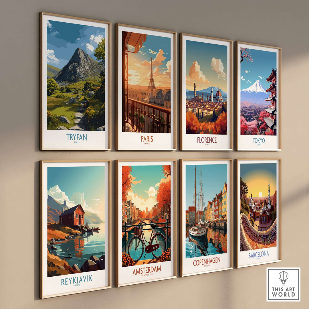 Gallery of travel-inspired wall art showcasing Tryfan, Paris, Florence, Tokyo, Reykjavik, Amsterdam, Copenhagen, and Barcelona.
