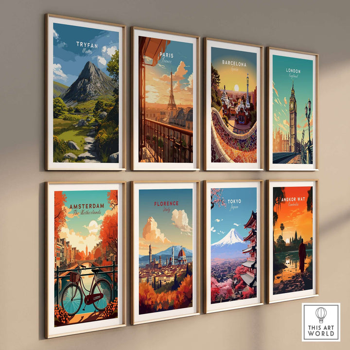 Gallery of travel posters featuring Tryfan, Paris, Barcelona, London, Amsterdam, Florence, Tokyo, and Angkor Wat.