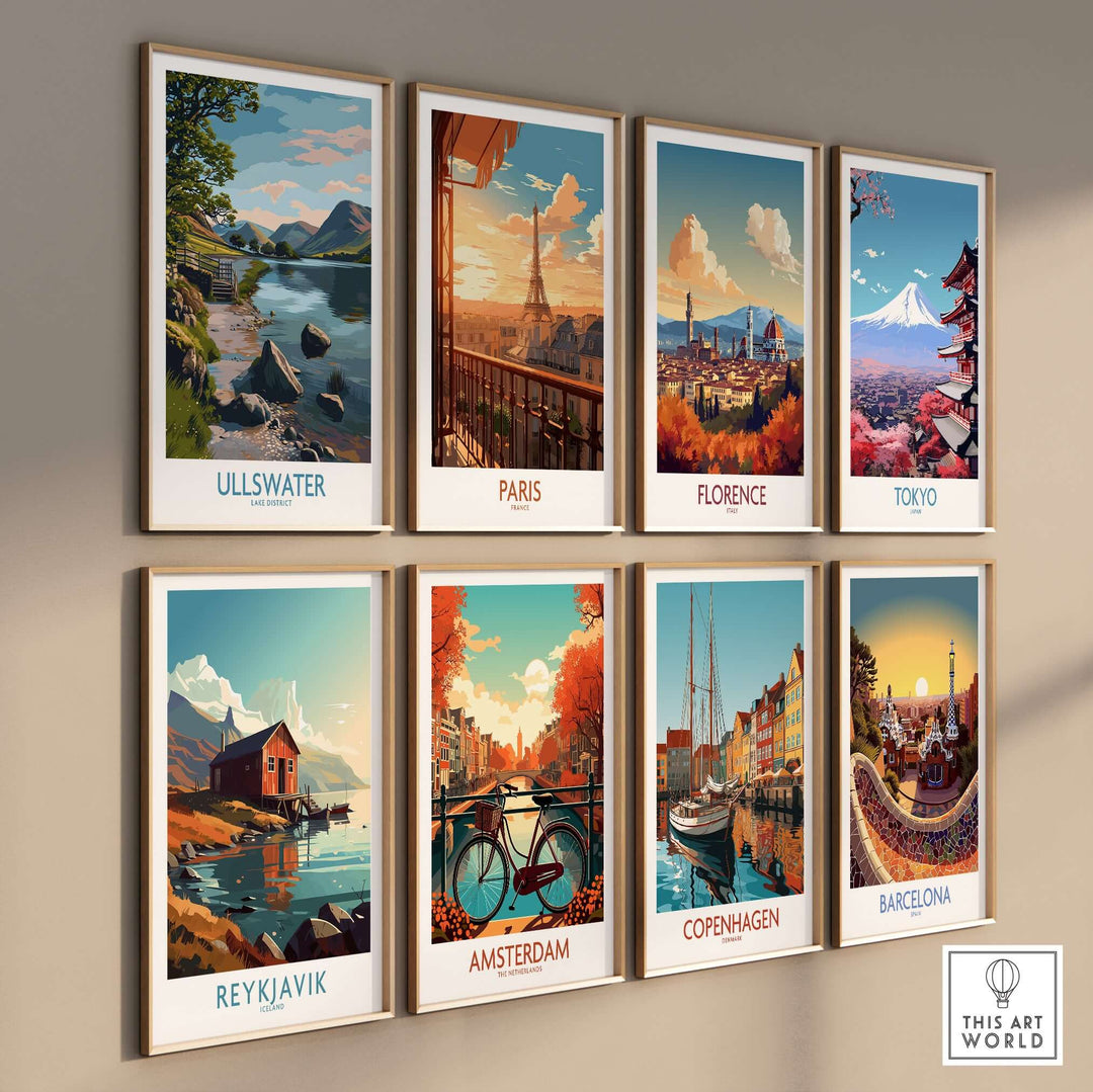 Gallery of travel posters featuring Ullswater, Paris, Florence, Tokyo, Reykjavik, Amsterdam, Copenhagen, and Barcelona.