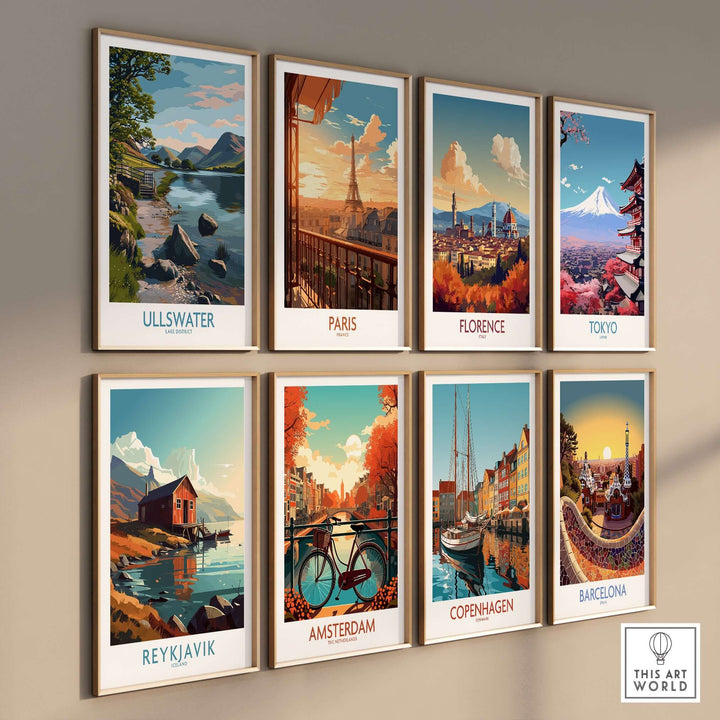 Gallery of travel posters featuring Ullswater, Paris, Florence, Tokyo, Reykjavik, Amsterdam, Copenhagen, and Barcelona.