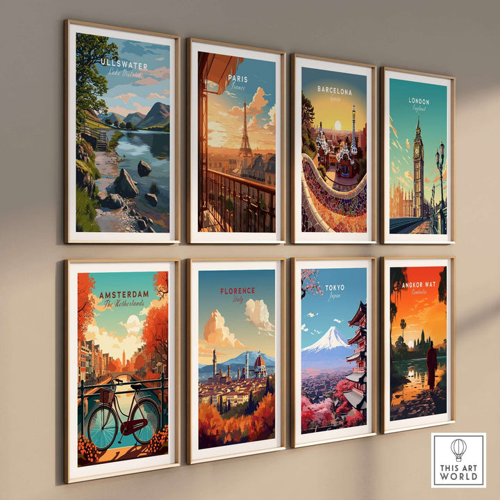 Collection of framed travel prints featuring Ullswater, Paris, Barcelona, London, Amsterdam, Florence, Tokyo, and Angkor Wat.