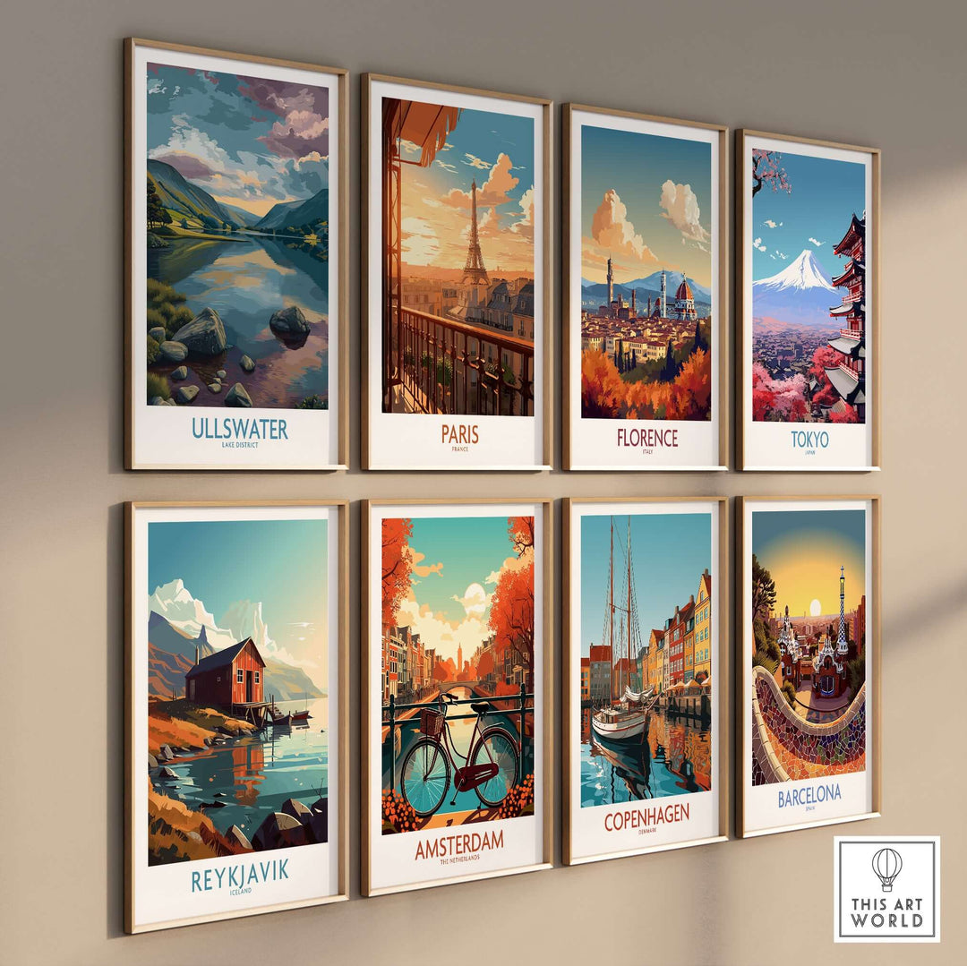 Gallery of vibrant travel posters including Ullswater, Paris, Florence, and Tokyo, showcasing scenic landscapes.