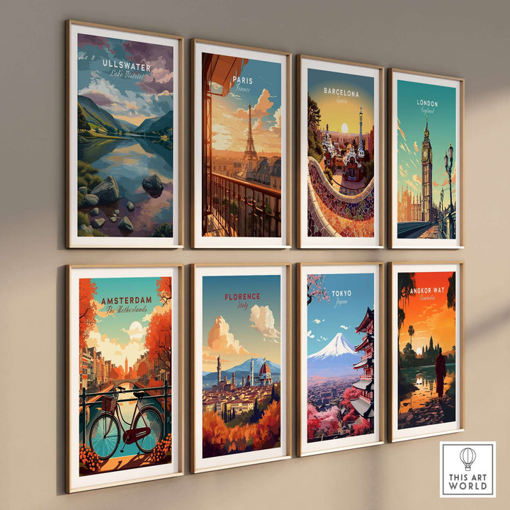 Wall art featuring prints of Ullswater, Paris, Barcelona, London, Amsterdam, Florence, Tokyo, and Angkor Wat.