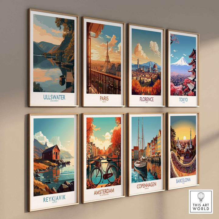 Framed wall art featuring scenic views of Ullswater, Paris, Florence, Tokyo, Reykjavik, Amsterdam, Copenhagen, and Barcelona.