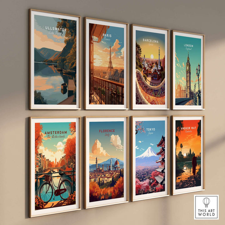 Gallery of vintage city posters featuring Ullswater, Paris, Barcelona, London, Amsterdam, Florence, Tokyo, and Angkor Wat.