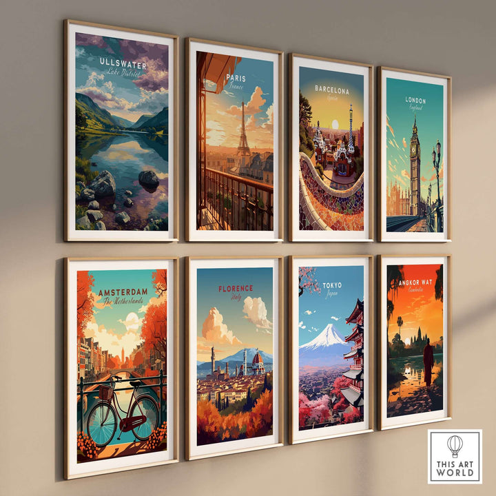 Collection of vibrant travel posters featuring Ullswater, Paris, Barcelona, London, Amsterdam, Florence, Tokyo, Angkor Wat on wall.