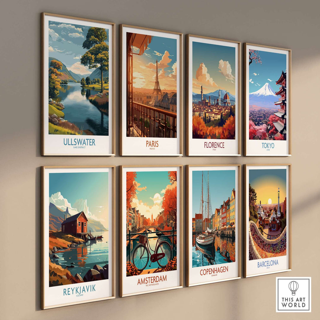 Gallery of vibrant cityscape & landscape art prints featuring Ullswater, Paris, Florence, Tokyo, Reykjavik, Amsterdam, Copenhagen, & Barcelona.